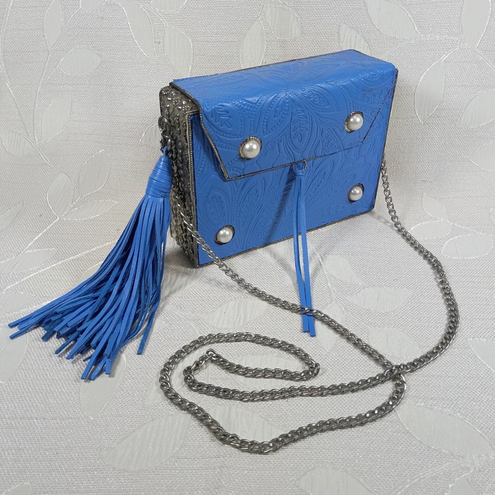 Sam Edelman Gianna Blue Embossed Leather Box Clutch Mini Bag Tassel Western